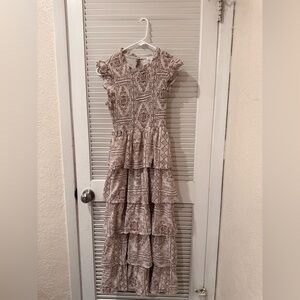 TCEC Lace Tiered Maxi Dress in Cream and Brown